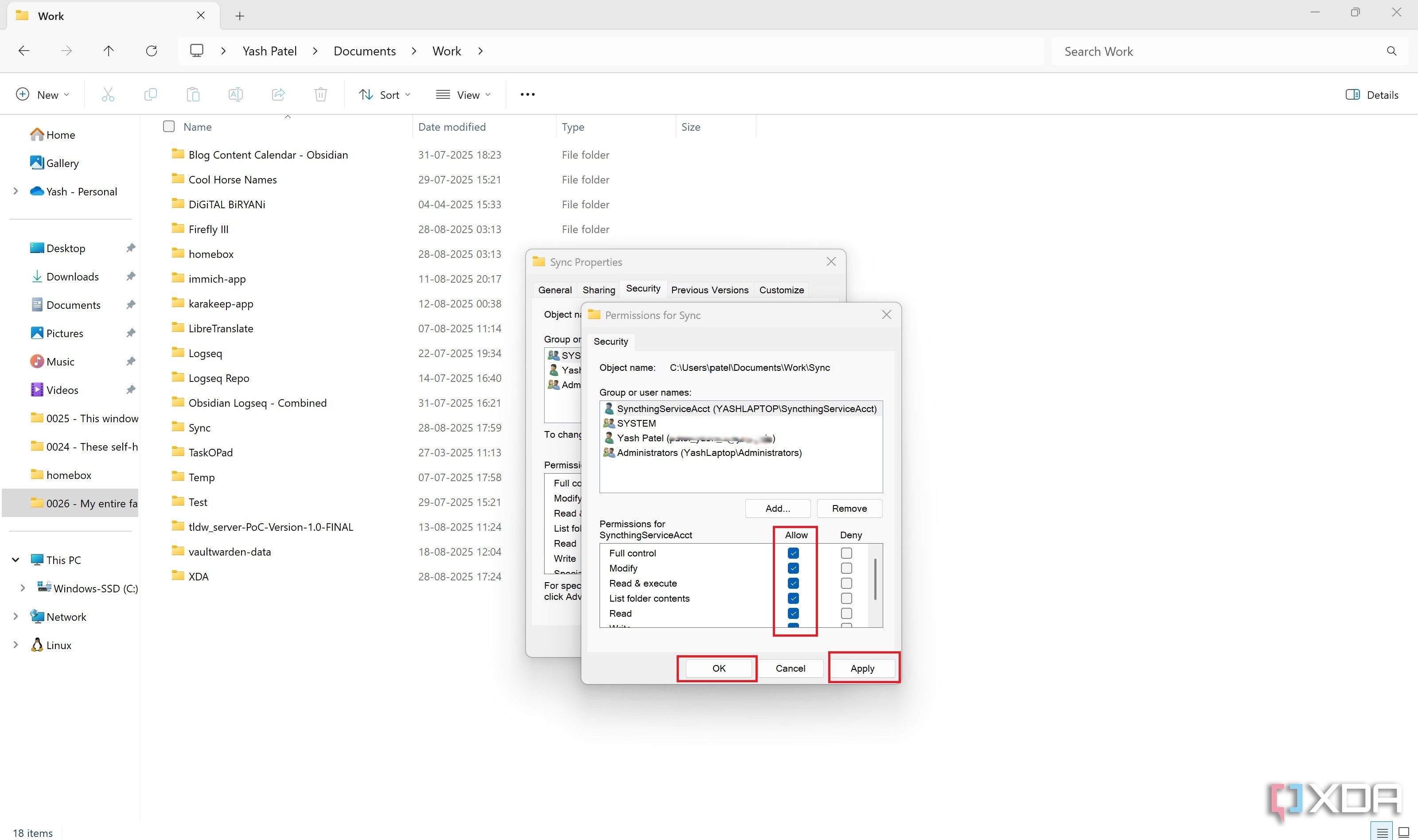 Permission syncthing account
