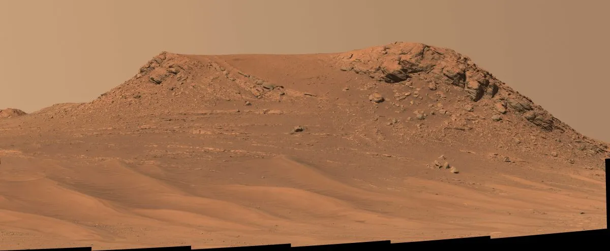 NASA’s Perseverance Mars rover image of a hill named 'Pinestand' showing tall sedimentary layers could have been formed by a deep, powerful river. Credit: NASA/JPL-Caltech/ASU/MSSS