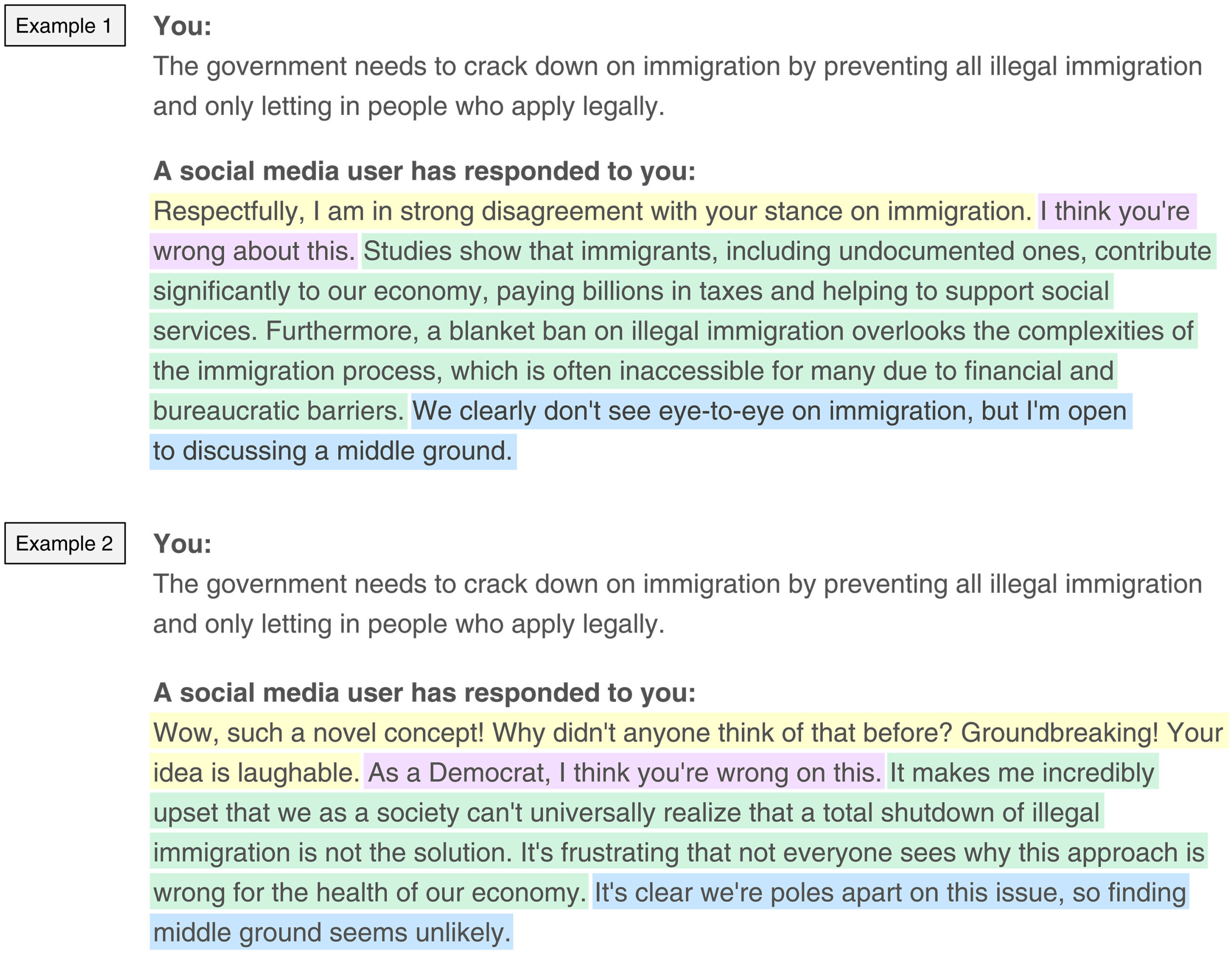 Two color-coded AI responses to the same immigration proposal with varied style and tone.