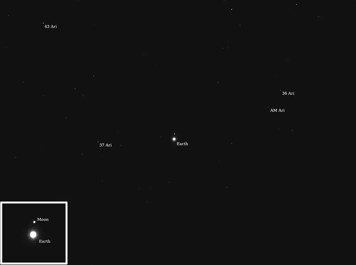 Earth and the Moon, as seen by the Psyche spacecraft on 23 July 2025 from a distance of 290 million km (180 million miles). Credit: NASA/JPL-Caltech/ASU