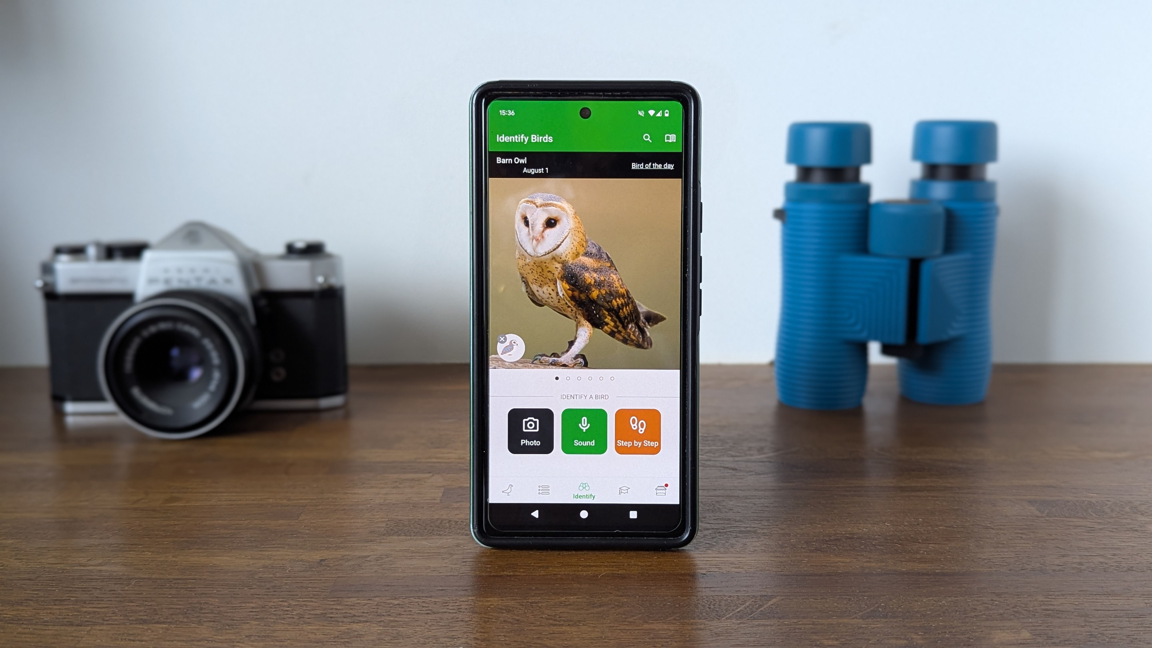 Bird identification app on a wooden table with blue binoculars and a silver SLR camera in the background