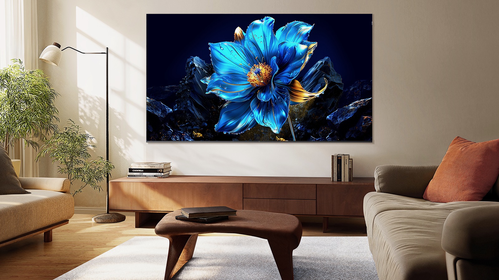 A TCL P7K TV wall-mounted in a light, airy lounge.