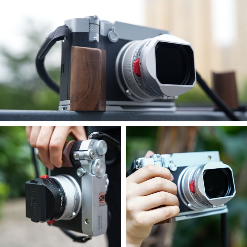 A modern silver and black camera with a large lens hood, shown from different angles. One photo shows it on a table, two photos show hands holding the camera outdoors, highlighting its design and wood grip.
