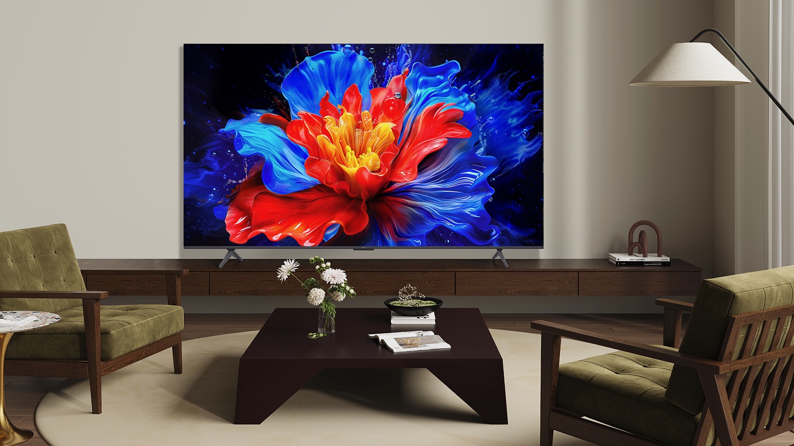 A TCL P8K TV on a media unit behind a coffee table in a modern lounge.