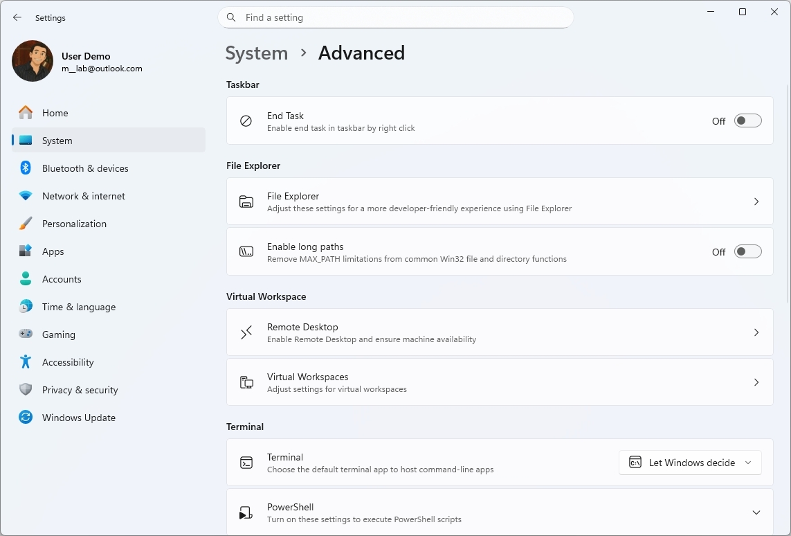 Settings app Advanced page