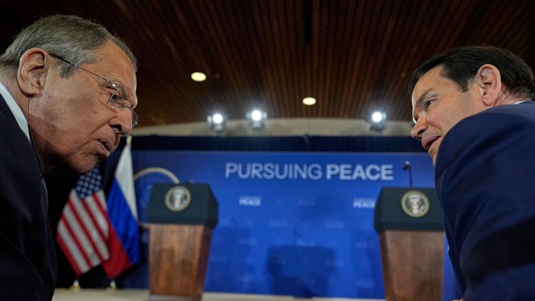 Russia's foreign minister Sergei Lavrov and US secretary of state Marco Rubio. Pic: AP