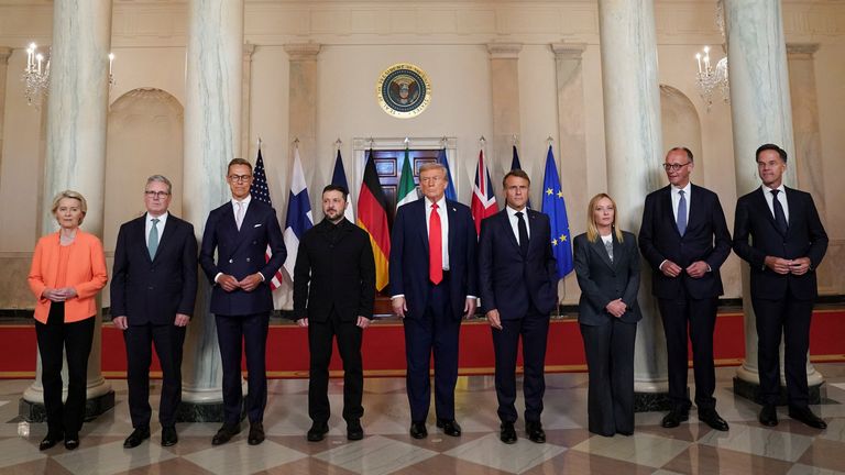The European leaders stand for a photo with US President Donald Trump. Pic: Reuters/Alexander Drago