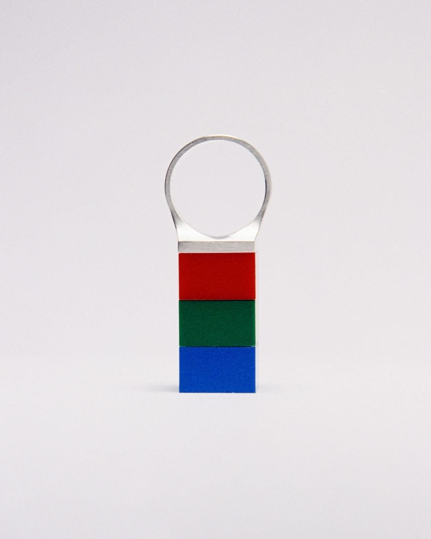 Lego bricks stacked on top of ring by Studio GOGO. Photo courtesy of Anna Hadaier