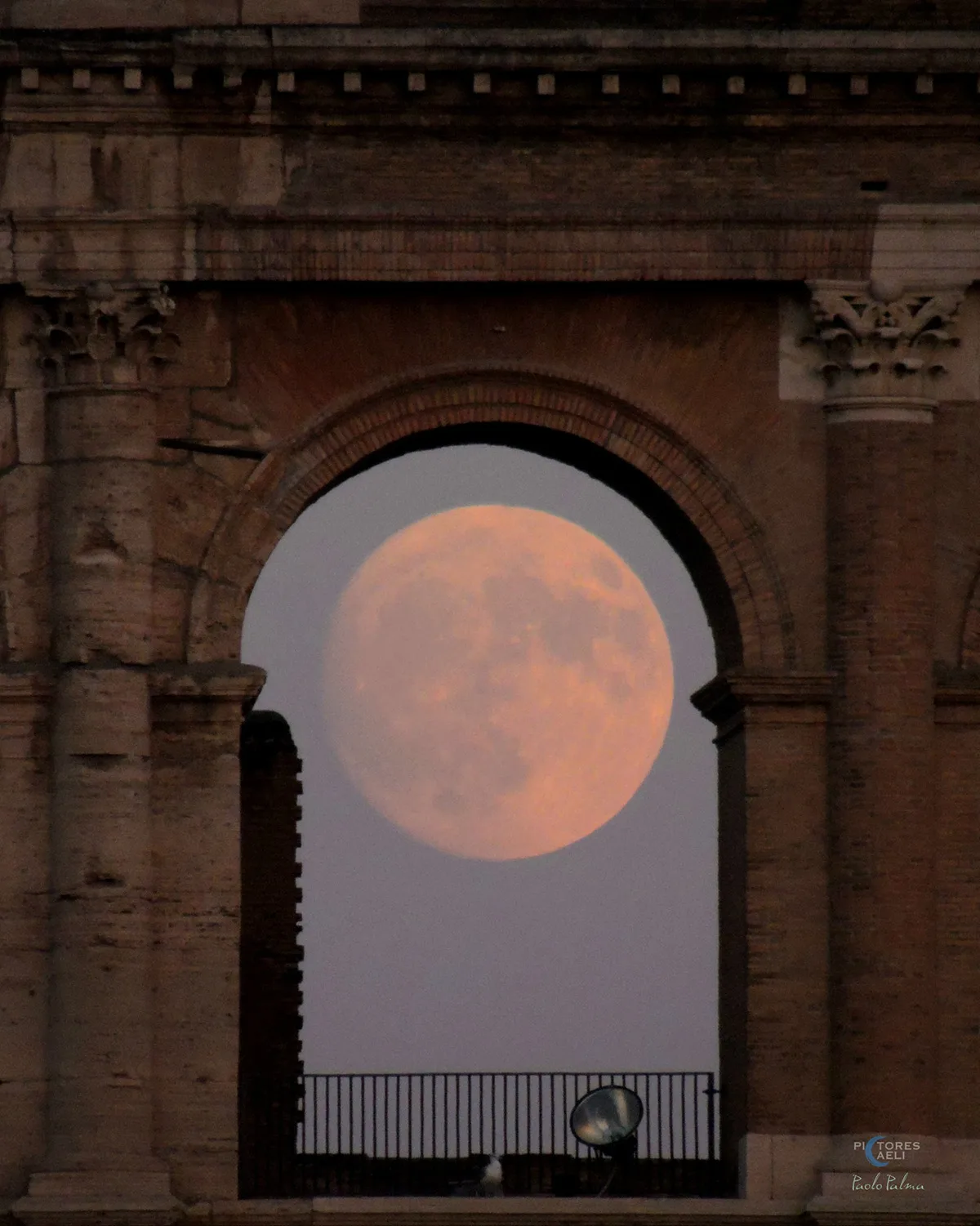 Nearly-full Sturgeon Moon captured through the arches of the Colosseum in Rome, Italy, by Paolo Palma, 7 August 2025. Equipment: Nikon Coolpix p510 camera, single shot