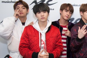 NEW YORK, NY - MARCH 22:  Jin, Suga, J-Hope, Rap Monster, Jimin, V and JungKook of the South Korean boy band 'BTS' visit Music Choice on March 22, 2017 in New York City.  (Photo by Santiago Felipe/Getty Images)