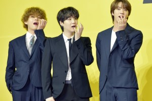 SEOUL, SOUTH KOREA - MAY 21: V, Suga, Jin of BTS attend a press conference for BTS's new digital single 'Butter' at Olympic Hall on May 21, 2021 in Seoul, South Korea. (Photo by The Chosunilbo JNS/Imazins via Getty Images)