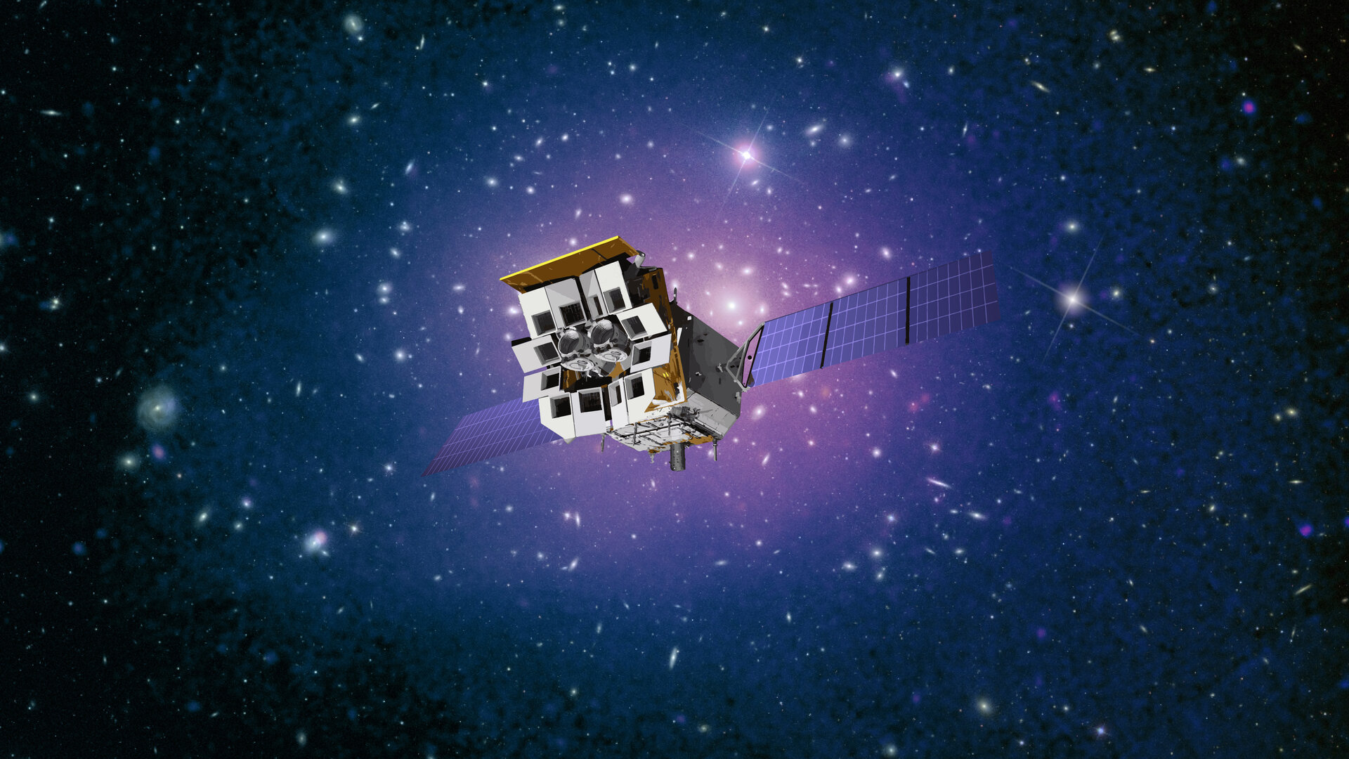 A rectangular spacecraft against a purple background punctuated by white orbs
