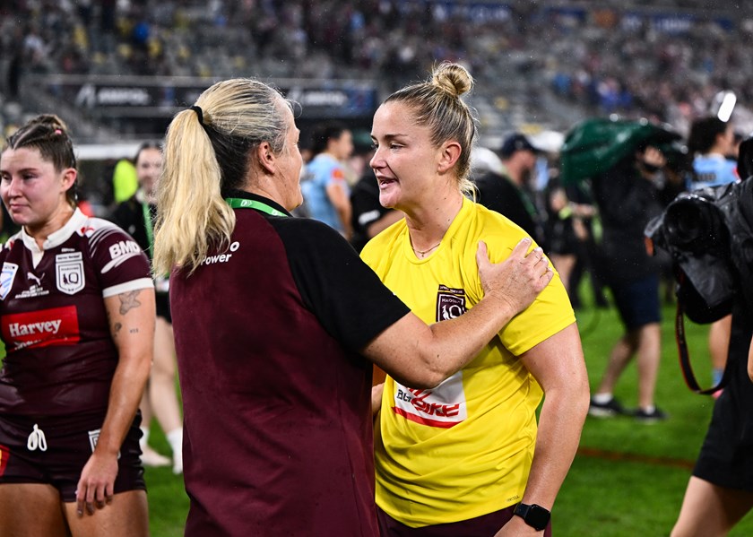 Meg Ward and coach Tahnee Norris celebrate after Queensland's win in Origin III.