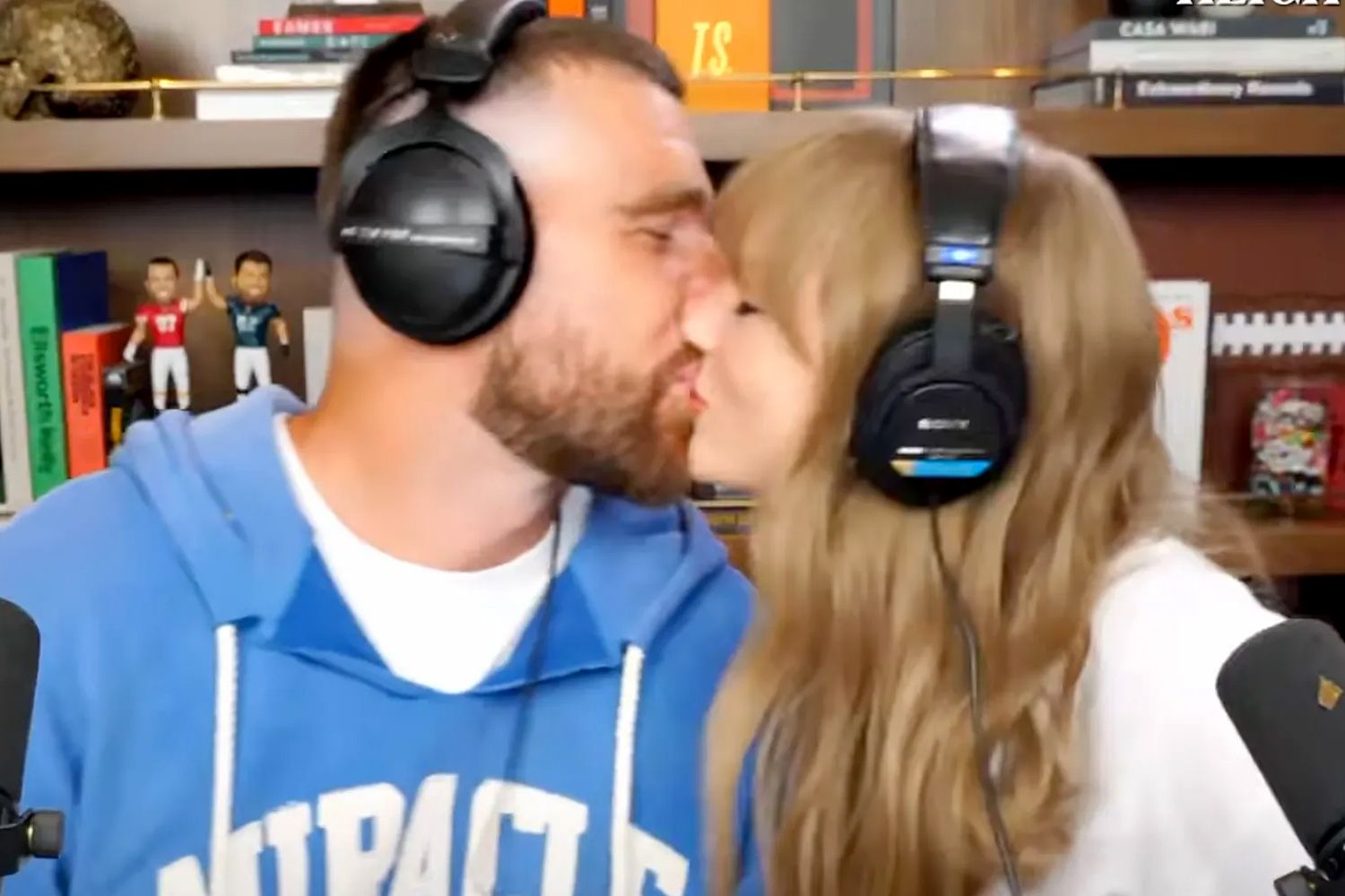 Taylor Swift and Travis Kelce Share Kiss as She Jokes Podcast ‘Got Her a Boyfriend’