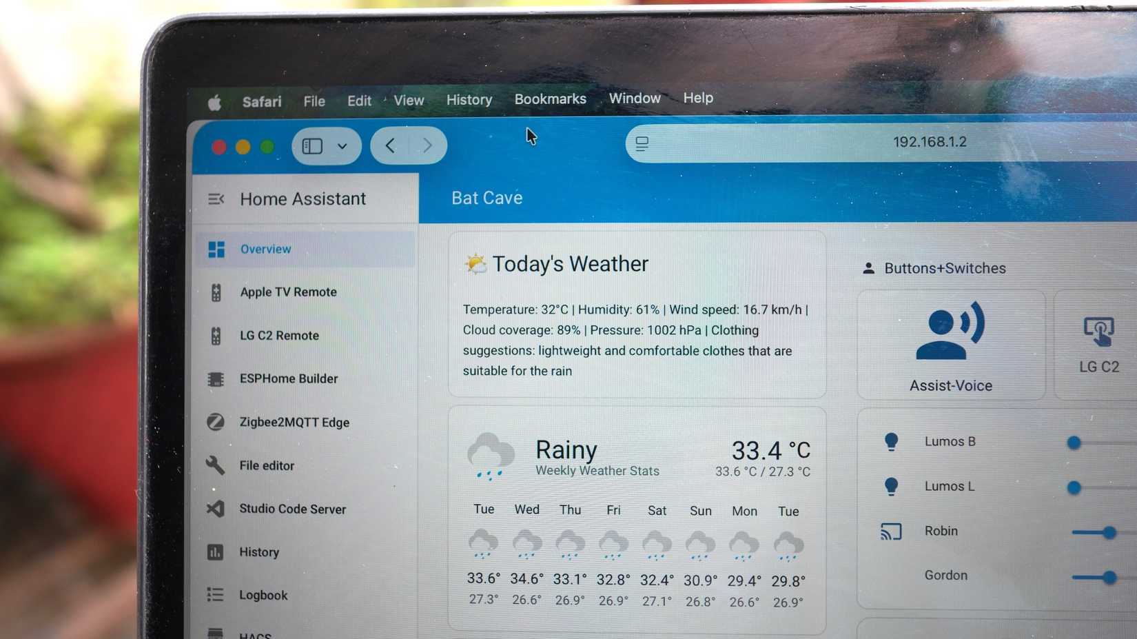 A photo of Home Assistant showing weather report generated using local LLM