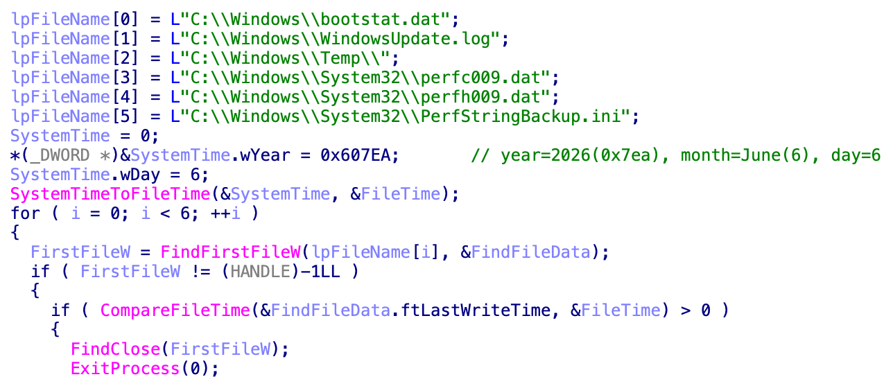A screenshot displaying a segment of computer code in a text editor, including file paths, system time function, and conditional statements. The code involves file operations and system time checks in a programming environment.