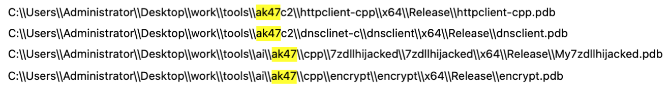 Screenshot of four computer file paths in a list highlighting the ak47c2 portion of each patch. 