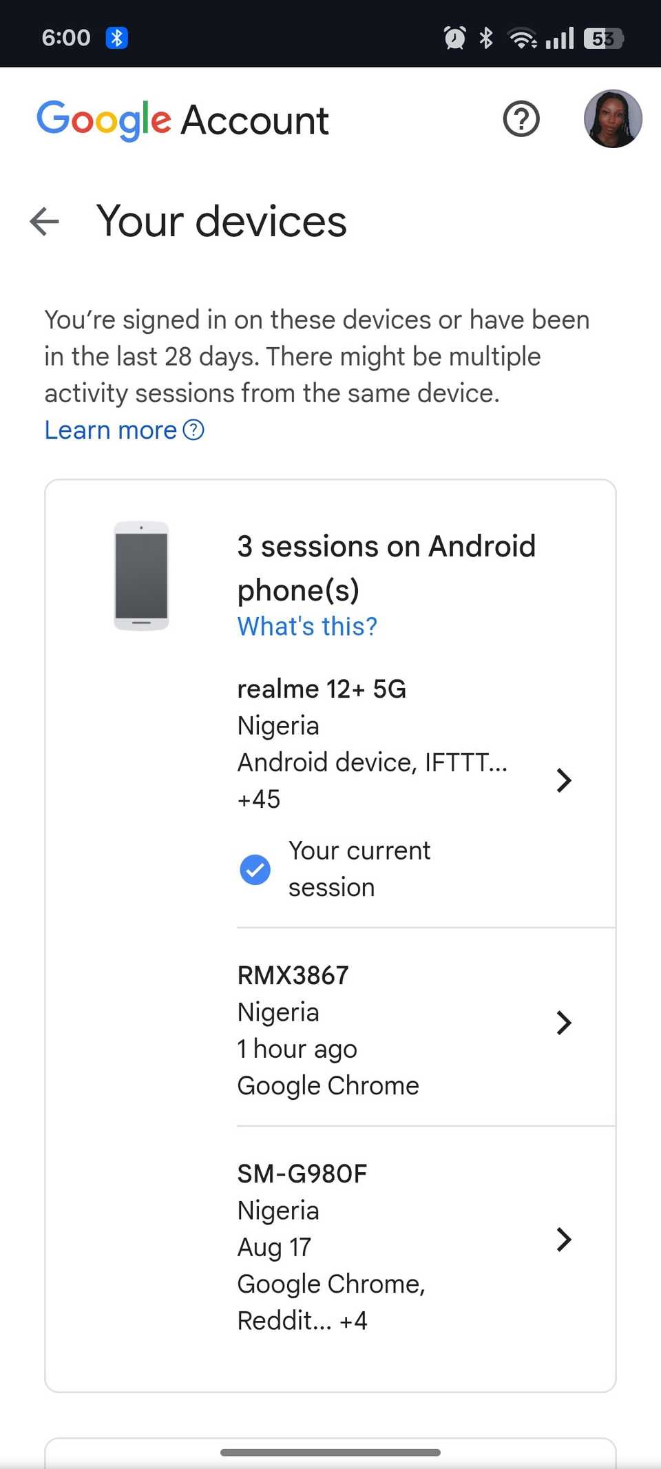 List of devices and activity timestamps on Google account webpage