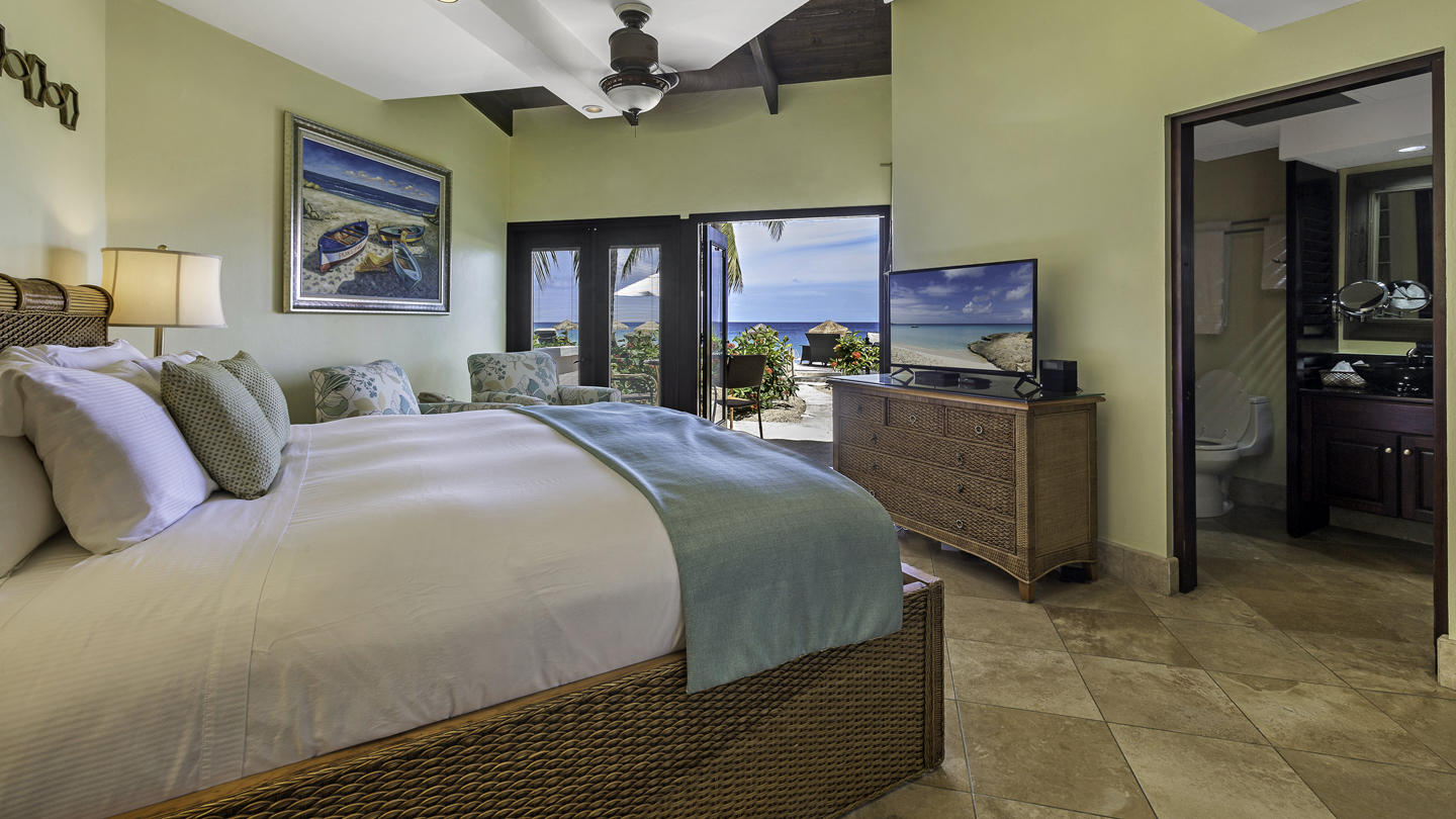 Ocean view bedroom at Frangipani Beach Resort, Anguilla.