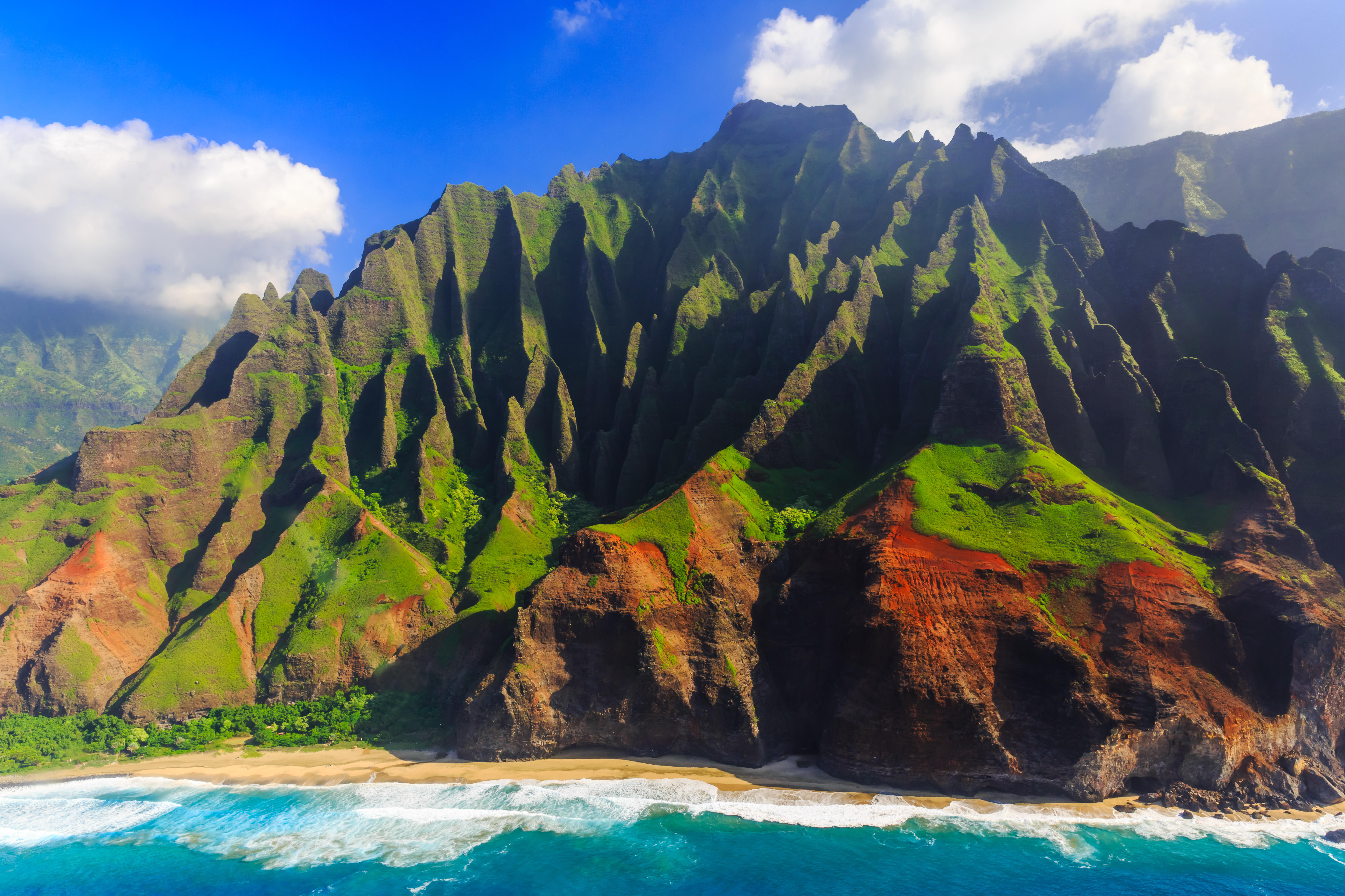 Aerial view of the Na Pali Coast in Kauai, Hawaii.