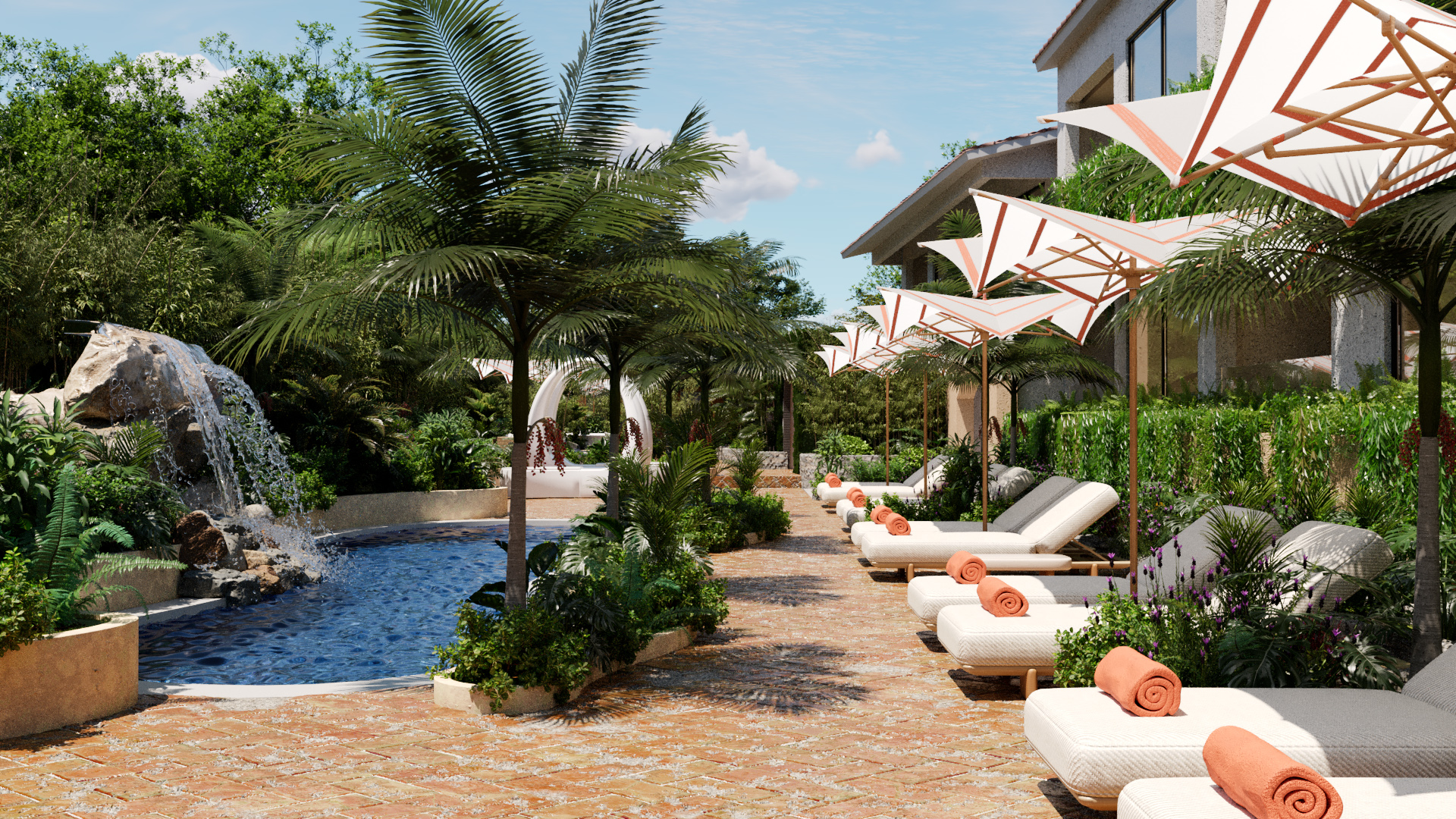 Rendering of a resort pool area with lounge chairs and umbrellas.