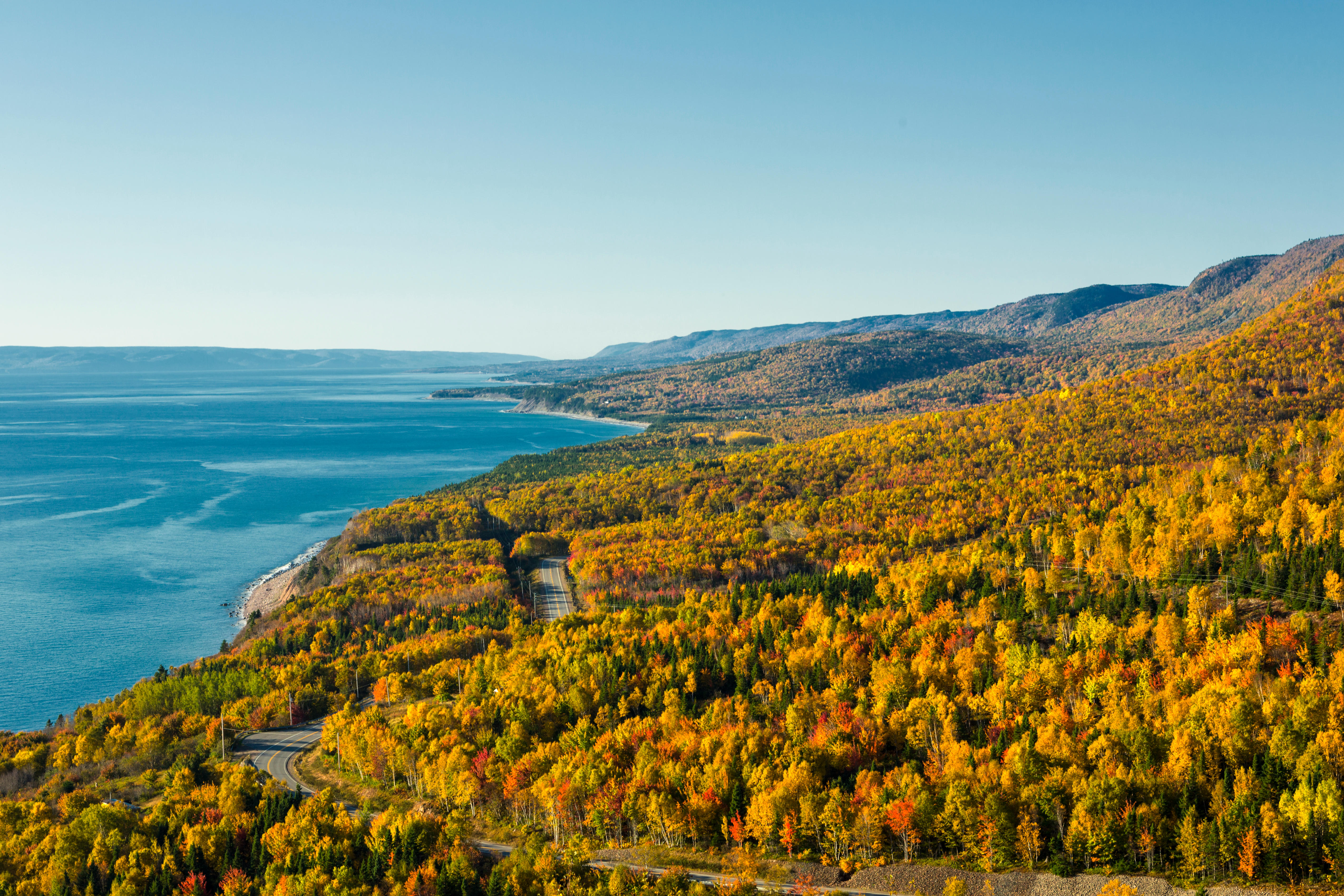 Autumnal view of Cape Breton Highlands National Park coastline.