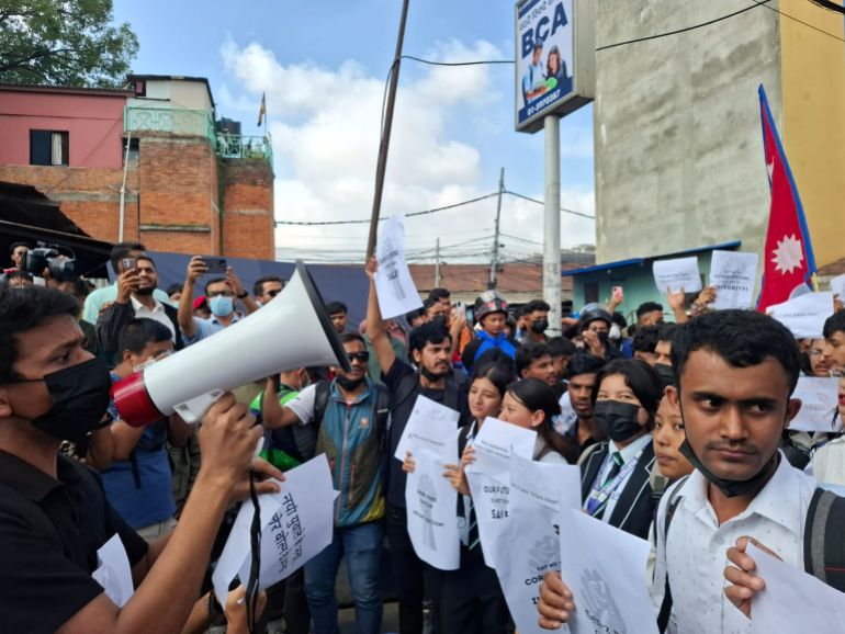 High school students at Monday's protest in Kathmandu [Samik Kharel/ Al Jazeera]