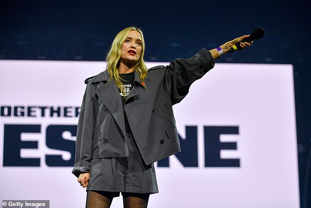 Laura Whitmore speaks onstage during the Together For Palestine concert at Wembley Arena