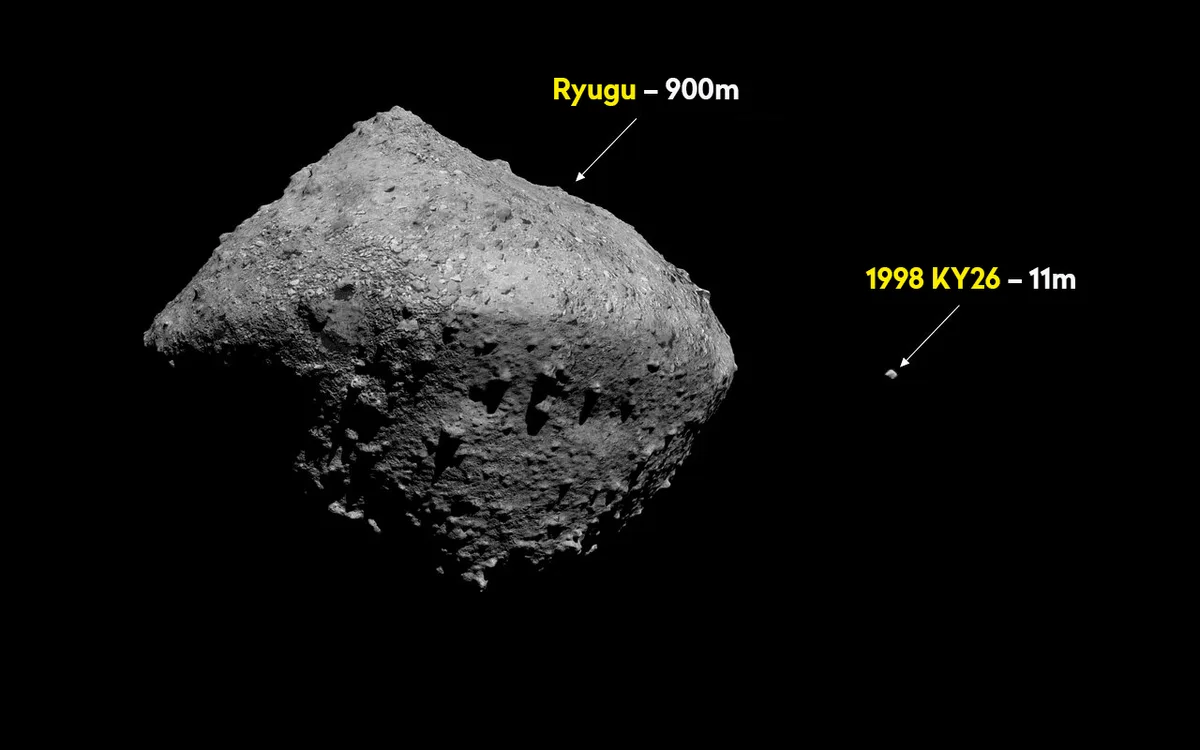 Artist's impression showing the size difference between asteroids 162173 Ryugu and 1998 KY26. Credit: ESO/M. Kornmesser. Asteroid models: T. Santana-Ros, JAXA/University of Aizu/Kobe University