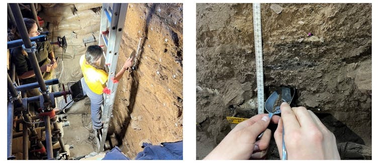 First panel shows a woman on a ladder working on the dirt face of the rocky wall, second panel is a close up of her hands.