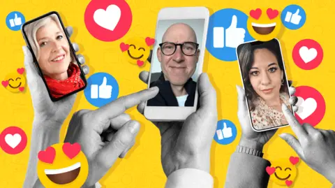 BBC Pictures of Danyah, Alun and Emily on a phone screen in front of a yellow background with like and love social media signs around them