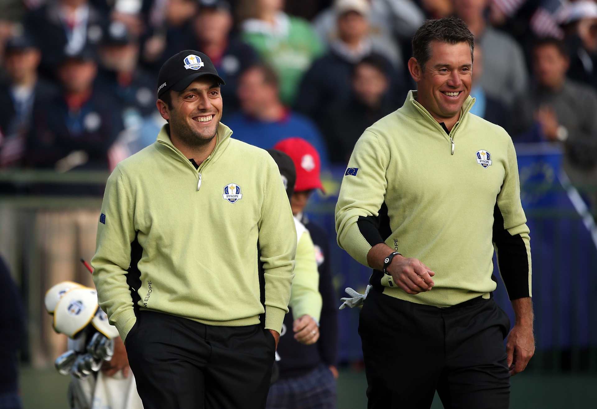 MEDINAH, IL - SEPTEMBER 28: Lee Westwood and Francesco Molinari of Europe on the first hole during the Morning Foursome Matches for The 39th Ryder Cup at Medinah Country Club on September 28, 2012 in Medinah, Illinois. (Photo by Andrew Redington/Getty Images)