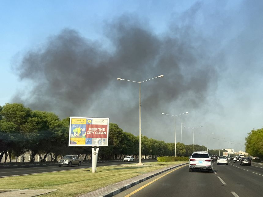 Smoke rises after several blasts were heard in Doha, Qatar, on Tuesday.