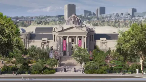 Feilden Fowles/WCC A computer generated image of the front of Tate Britain with lots of greenery and trees in front of it to the left and right.
