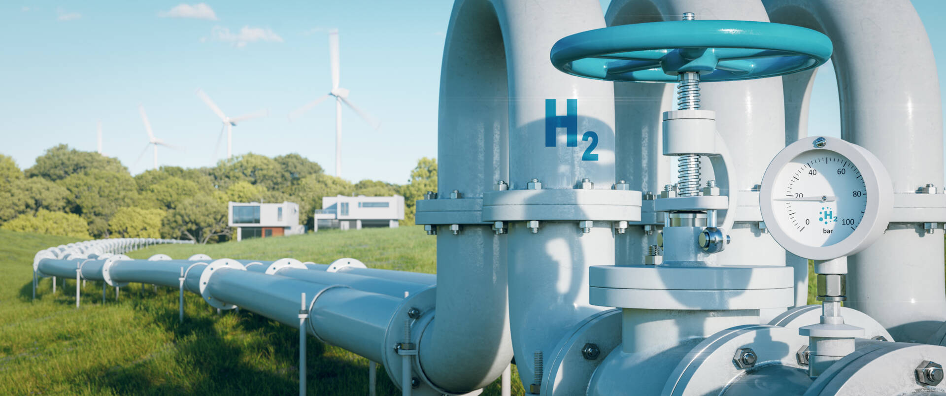 184513064 - a hydrogen pipeline to houses illustrating the transformation of the energy sector towards clean, carbon-neutral, safe and independent energy sources to replace natural gas in homes.