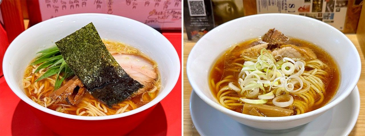 Chūkasoba from Kadoya Shokudō Sōhonten at left, with Ramen Genten (Usugiri Yakibuta) from Jinrui Mina Menrui at right. (© Yamakawa Daisuke)