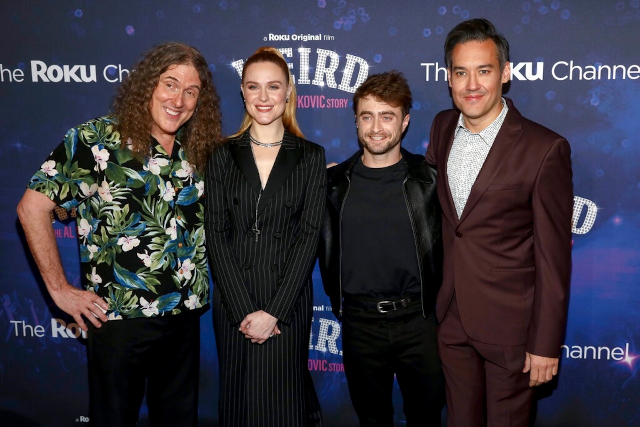 Recording artist Al Yankovic, from left, actors Evan Rachel Wood and Daniel Radcliffe, and director Eric Appel