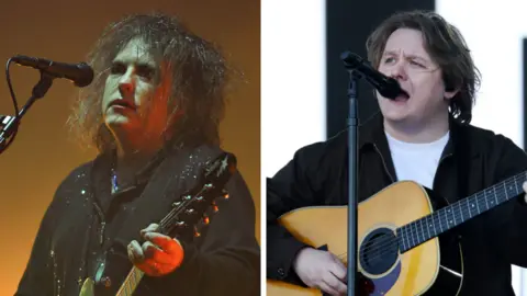 BBC/EPA Composite image. On the left is Robert Smith, of The Cure, playing guitar and singing into a microphone. On the right is Lewis Capaldi playing guitar and singing into a microphone.