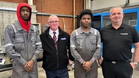 BBC (L-R) Apprentice, Krispin Bartlett; The Engineering College CEO Terry Weston; Apprentice, Michael Clarke; The Engineering College commercial Services Manager, Kevin Cairns;