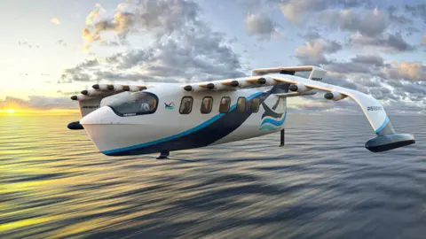 Amory Ross/Regent A visualisation of a Seaglider. It looks like an aircraft with curved wings and six small propellers on each wing. It has hydrofoils on its undercarriage and wings. The machine is shown flying low over the surface of the sea. The fuselage is painted white and blue and has five windows down its side.