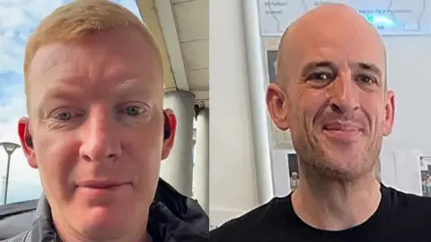 Men Only IOW (l) Aaron Oliver is smiling at the camera has blue eyes and ginger hair and (r) Dave is smiling at the camera has dark eyes and is bald.
