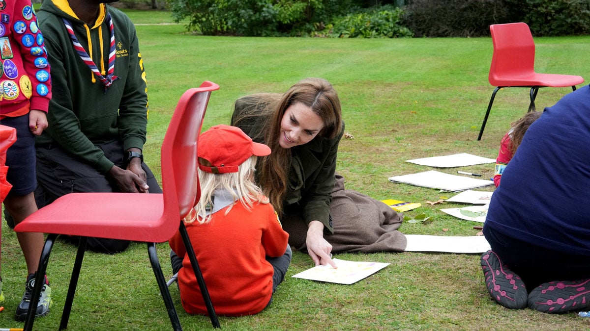 Britains Catherine, Princess of Wales, meets UK Scouts at Frogmore House in Windsor, Britain, on Thursday, September 18, 2025. Andrew Testa/Pool via REUTERS