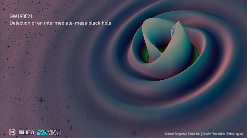 A simulation of the black hole merger event that looks like a pinkish blue swirl protruding from the screen.