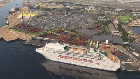 Port of Tyne A CGI of how Tyne Clean Energy Park will look. A number of shipping containers can be see filling part of the port while a large cruise ship has docked, showing the scale of the site.