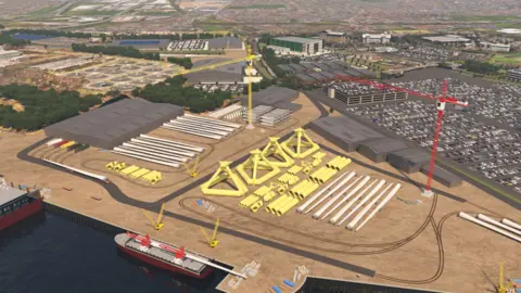 Port of Tyne A CGI showing large yellow components which will eventually form part of a wind turbine lying on the ground at the port. Large white turbine blades are lying on the floor next to them. Two tall cranes are in the harbour.
