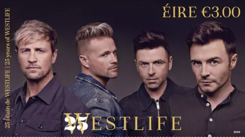 Ruvén Afanador A stamp book cover featuring the four members of Westlife, Kian Egan, Mark Feehily, Nicky Byrne and Shane Filan, looking into the camera. The price of the stamp is displayed in the upper right corner while the bands name is displayed at the bottom with 25 interwoven to the W of Westlife 