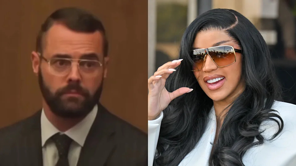 Two people side by side: gynecologist David Finke with glasses and beard in a suit, and Cardi B with long black hair, sunglasses, and a white outfit.