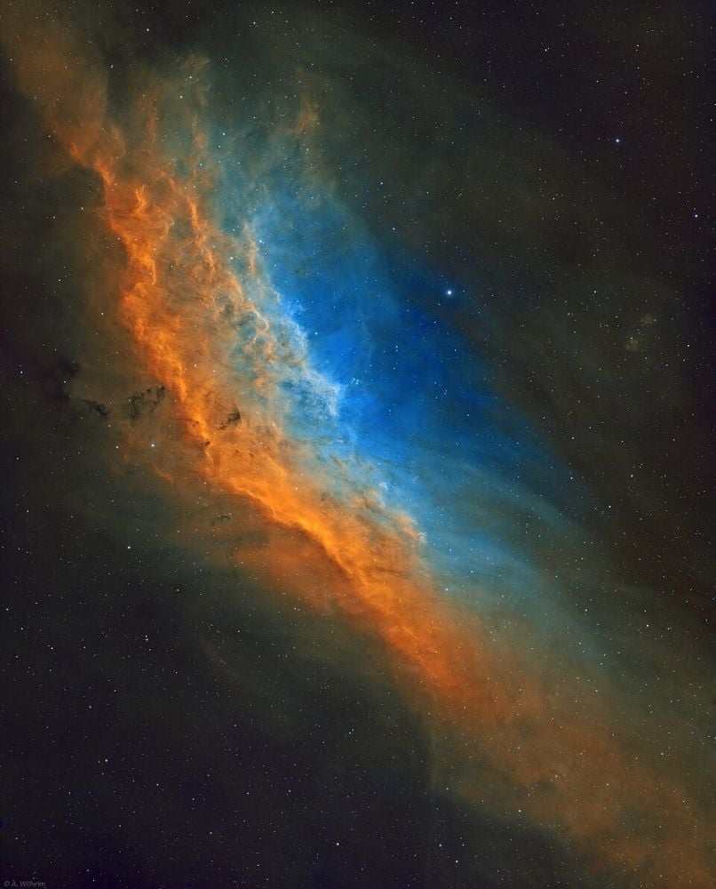 This two-panel mosaic shows the California Nebula in narrowband. By Aroughroad - Own work, CC BY-SA 4.0, https://commons.wikimedia.org/w/index.php?curid=134086959