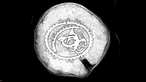Guard Archaeology The X-ray image is black and white. The white circle is the block of soil with the various bronze objects in the middle of it.